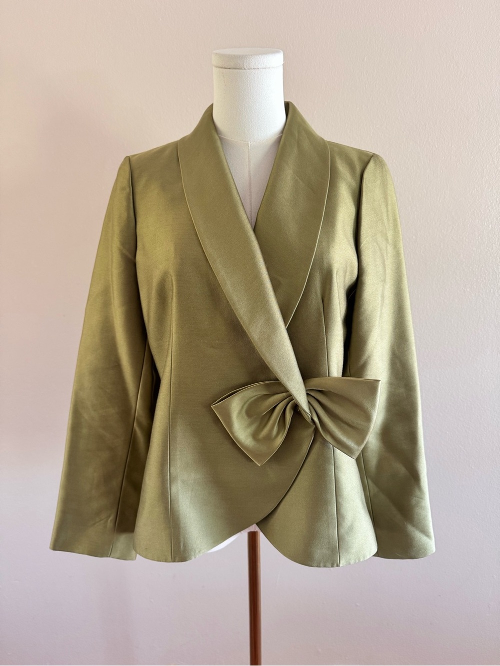 Teri Jon Olive Green Satin Bow-Front Blazer - 70% Silk 30% Wool